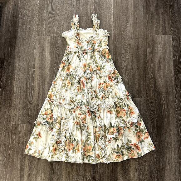 EUC Needle & Thread Dancing Roses Ankle Gown Tiered Ruffle Floral Cotton Dress 4 - Picture 5 of 16